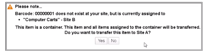 Confirmation message to complete an in-hand transfer of container. 